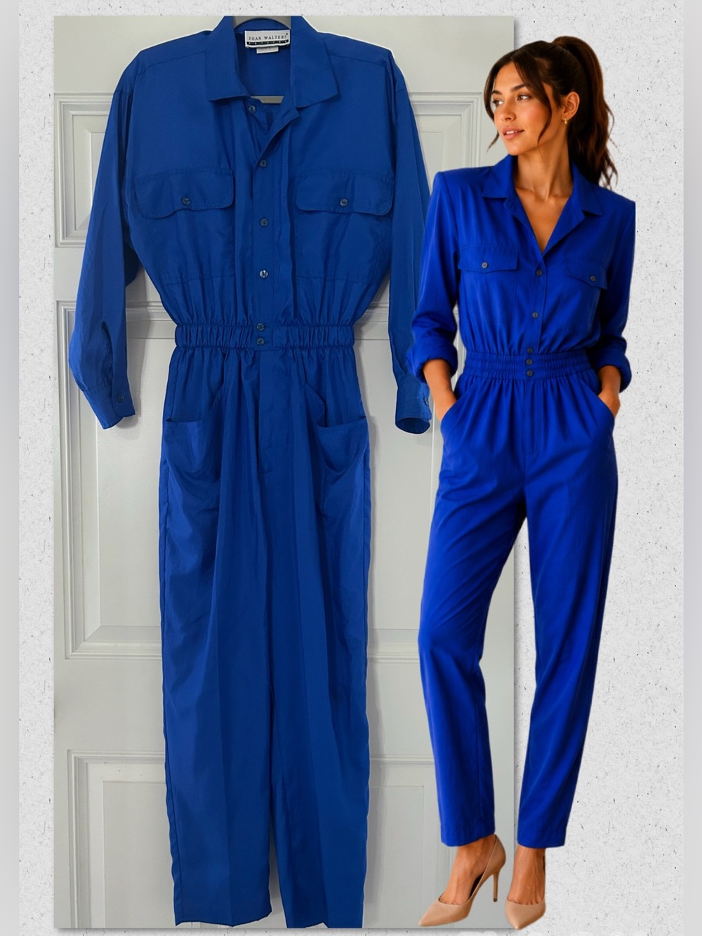 Vintage 80s Joan Walters Royal Blue One Piece Parachute Windbreaker Jumpsuit 4P